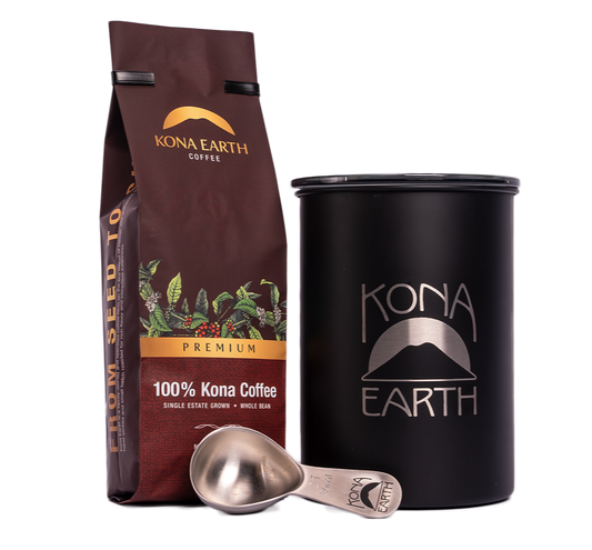 Kona Earth Kona coffee, canister and scoop gift set