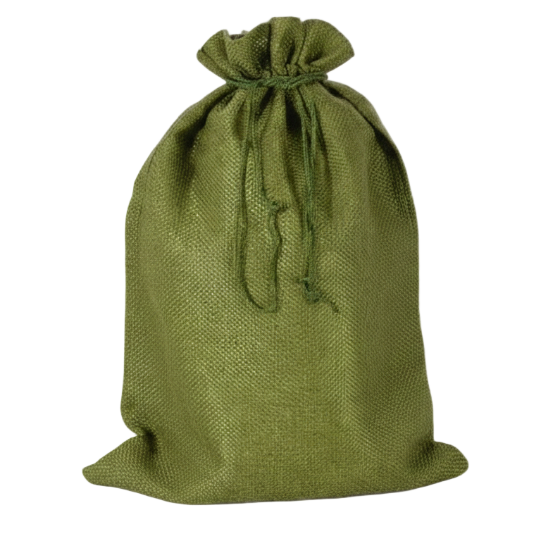 Green burlap sack on a white background