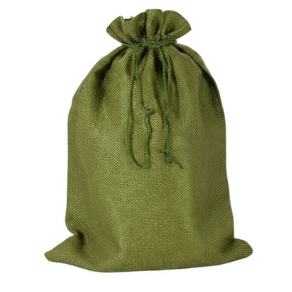 Green burlap sack on a white background