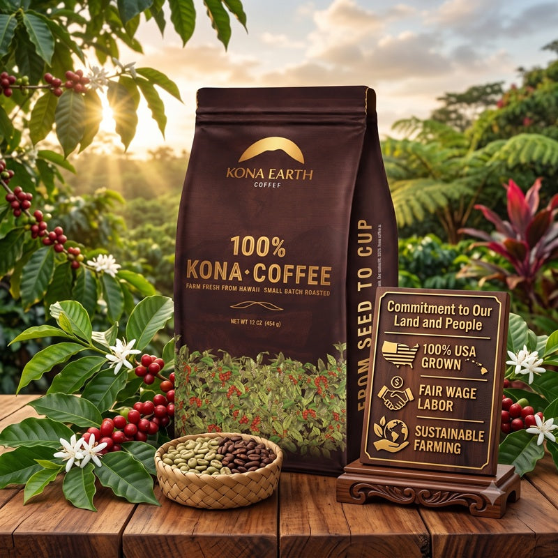 A bag of Kona Earth Coffee stands on a wooden table surrounded by coffee plants, ripe red cherries, and a small sign highlighting fair labor and sustainable farming. The background shows a warm, sunlit coffee plantation.
