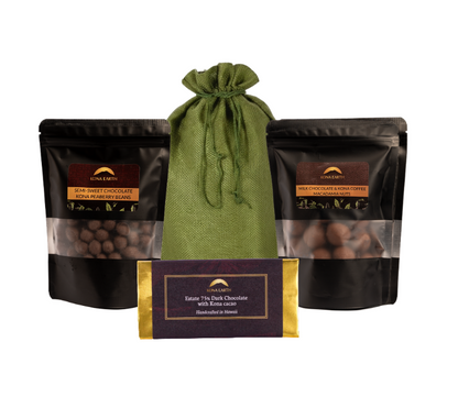 Three chocolate packaging with a green drawstring bag on a white background