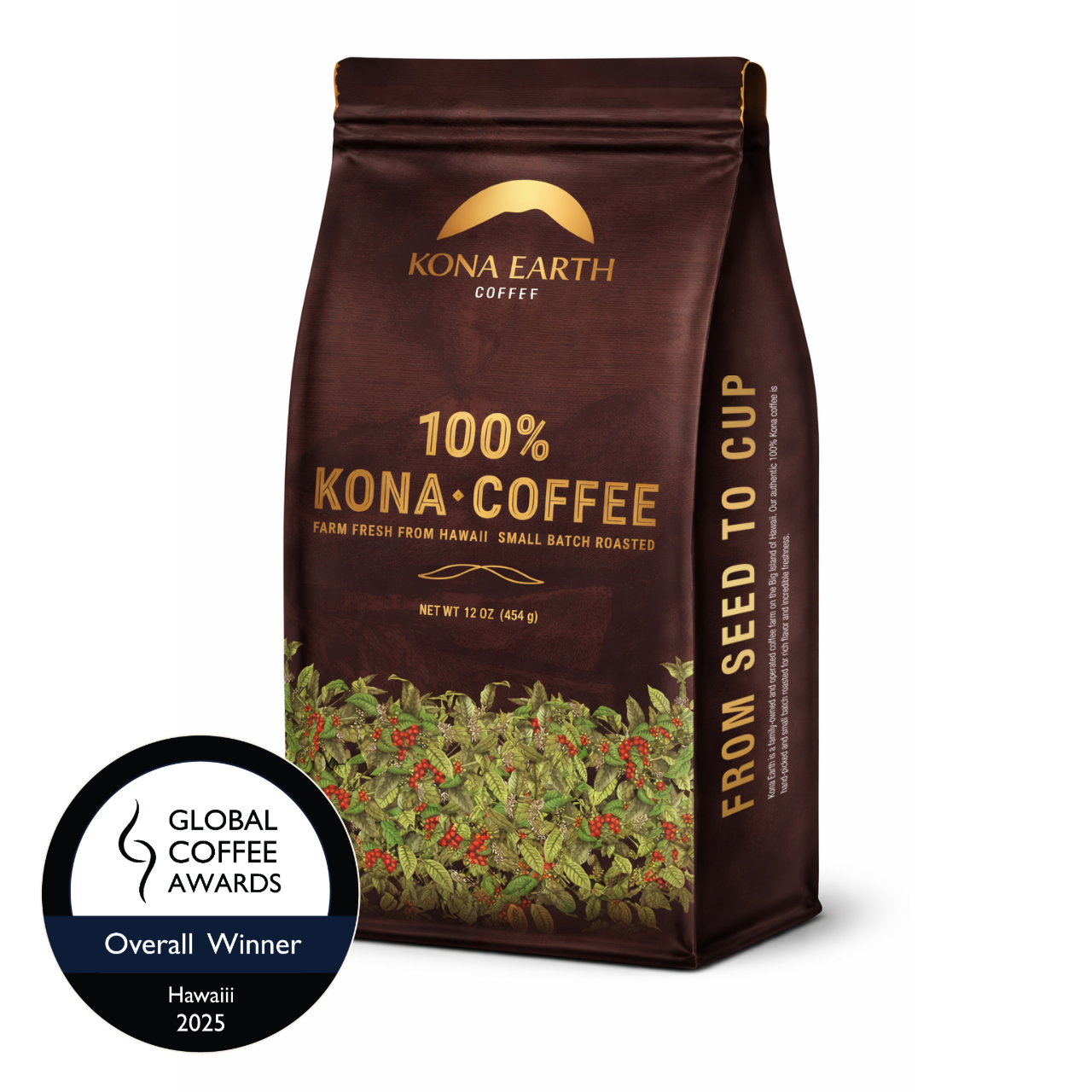 A 12 oz bag of Kona Earth Coffee 100% Kona-Coffee, featuring a dark brown package with gold lettering and a photo of coffee plants at the bottom. A Global Coffee Awards Overall Winner 2025 badge is displayed in the lower-left corner on a white background.
