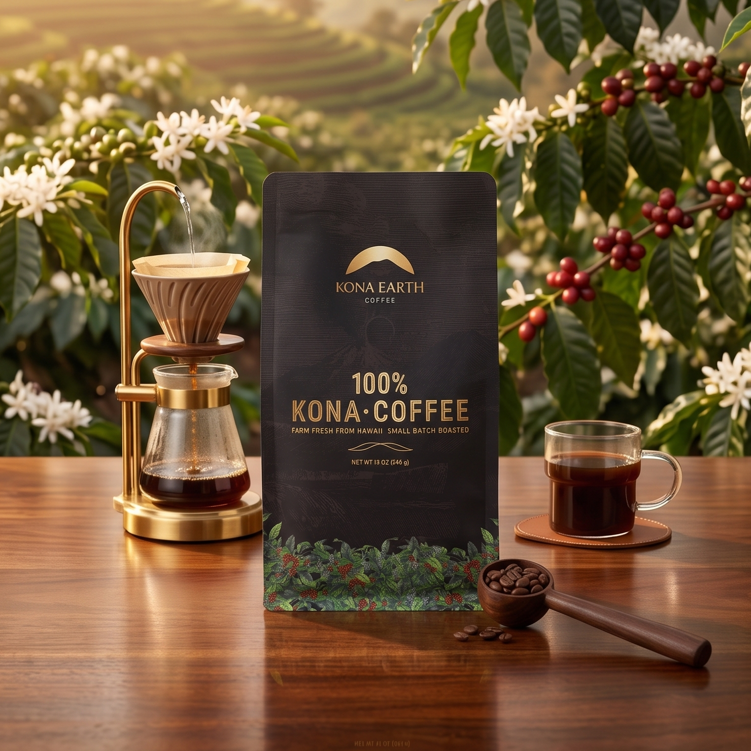 A black bag of Kona Earth Coffee 100% Kona Coffee stands on a wooden table, styled with a glass pour-over coffee maker, a glass cup of coffee, a wooden scoop, and a coffee bean bowl. The background shows a lush green coffee plantation with white flowers and distant hills at sunrise.