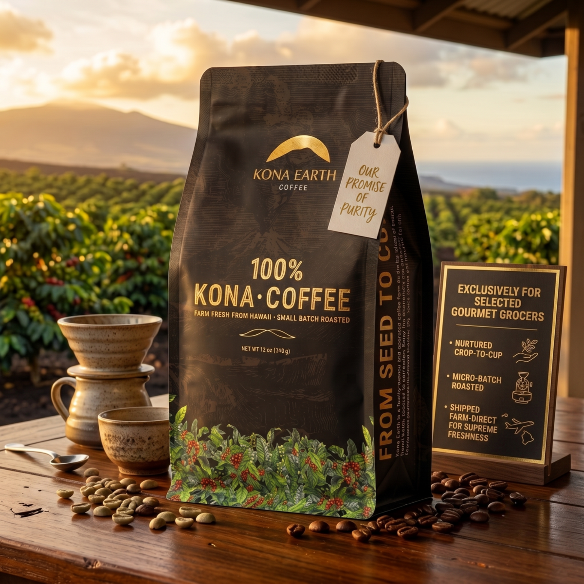 A bag of Kona Earth Coffee stands on a wooden table outdoors, with coffee beans scattered around it, a ceramic pour-over setup, and a small sign. The background shows a coffee plantation at sunset.