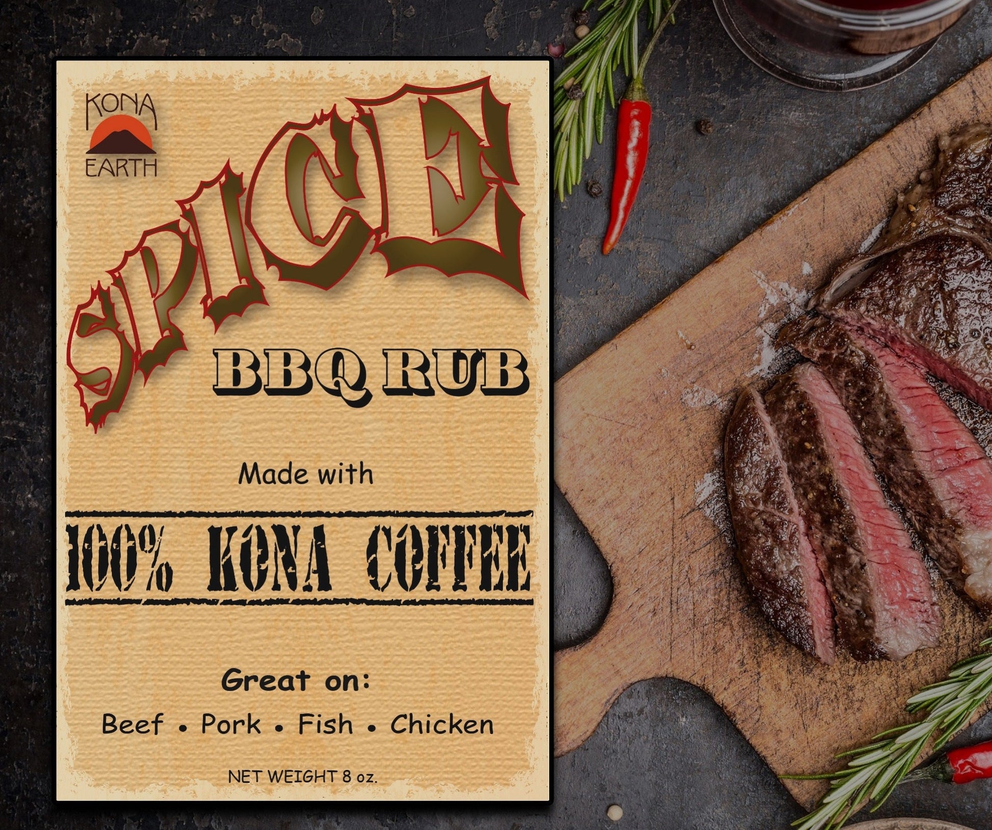 Kona Earth Spice label over picture of grilled meat