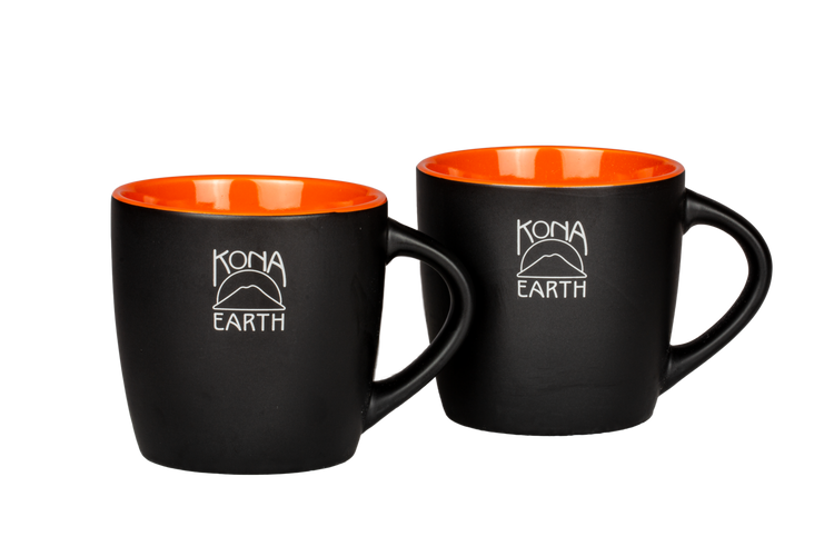 two black Kona Earth coffee mugs