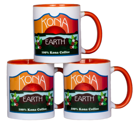 3 white Kona coffee mugs
