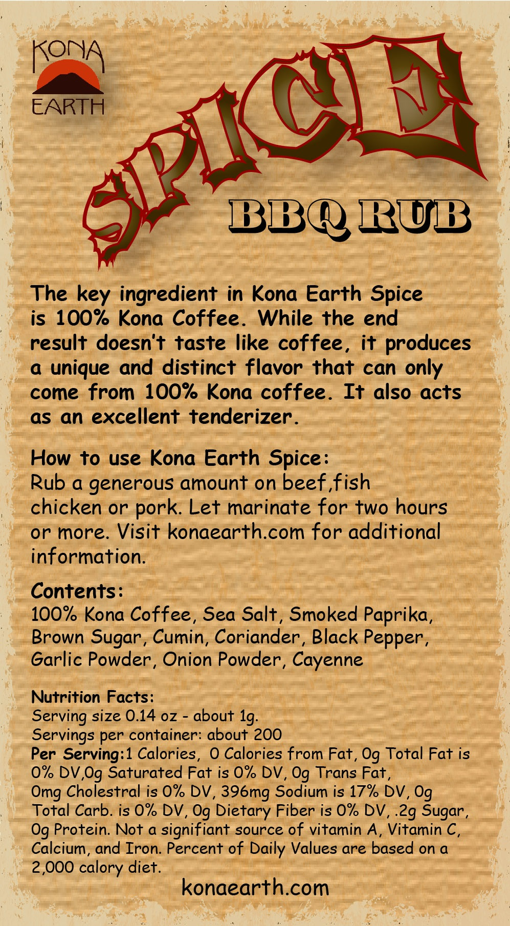 Kona Earth Spice bag label - back
